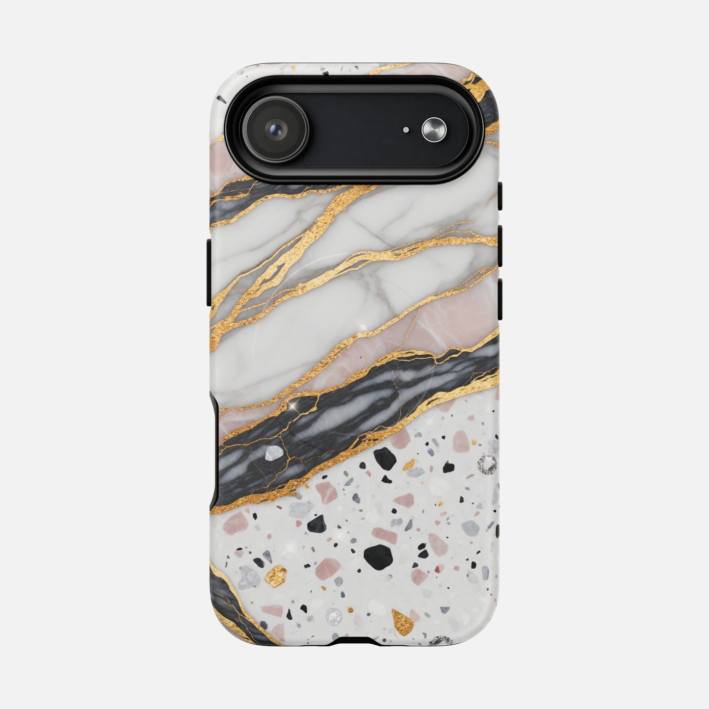 Elegant marble and terrazzo phone case with gold accents, stylish protection for your device.