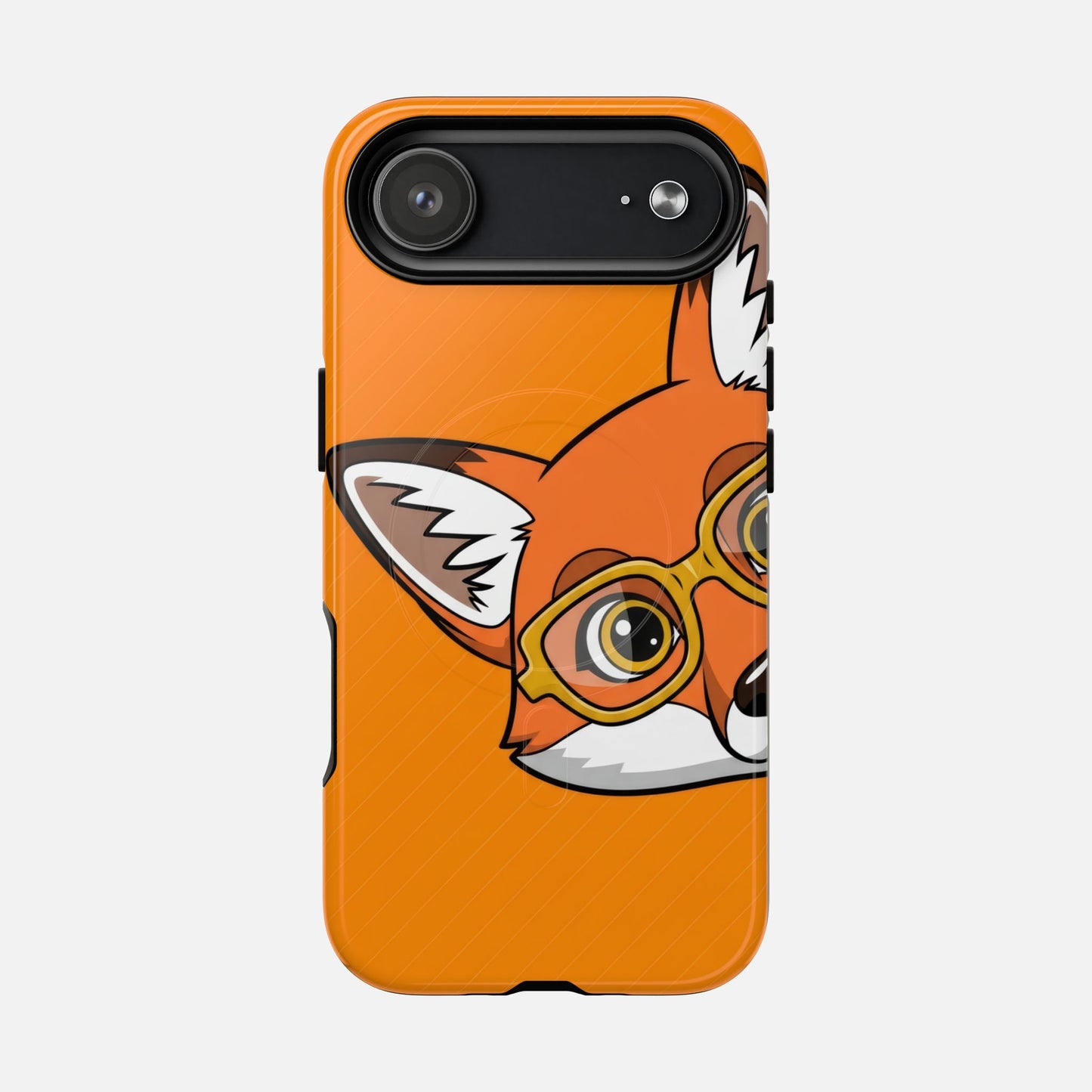 Cute fox with glasses phone case, orange background, creative design for iPhone
