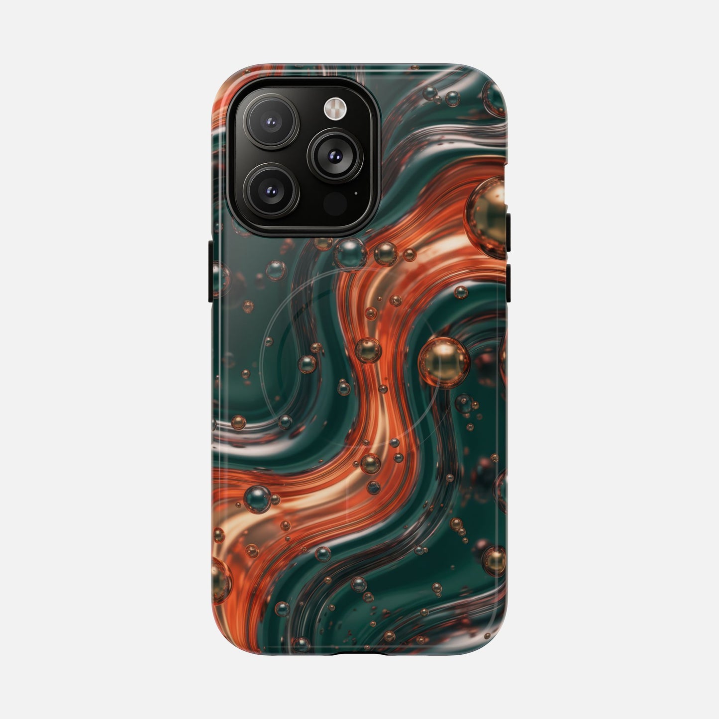 Magnetic Phone Case — Emerald & Copper Liquid Swirl Protective Cover iPhone 14 Pro Max Glossy Phone Case