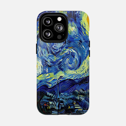 iPhone case with Van Gogh's Starry Night artwork, blue and yellow swirls, creative phone cover design