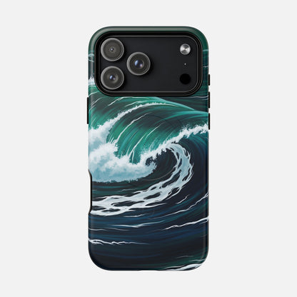 Ocean wave phone case with vibrant teal and white surf design for iPhone