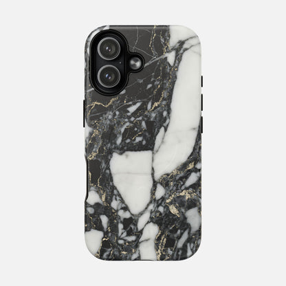 Black and white marble phone case with gold veining, modern stylish design