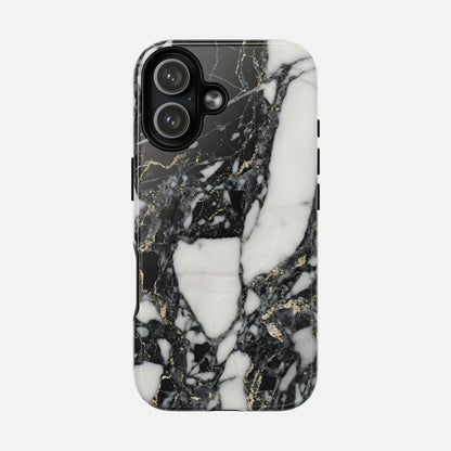 Black and white marble phone case with gold veining, modern luxury design