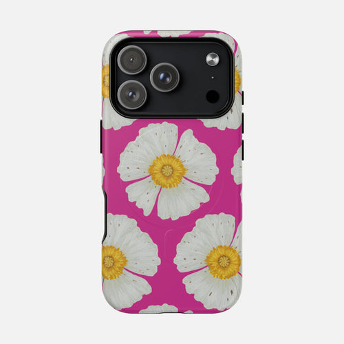 Pink phone case with large white and yellow floral pattern, creative printed design