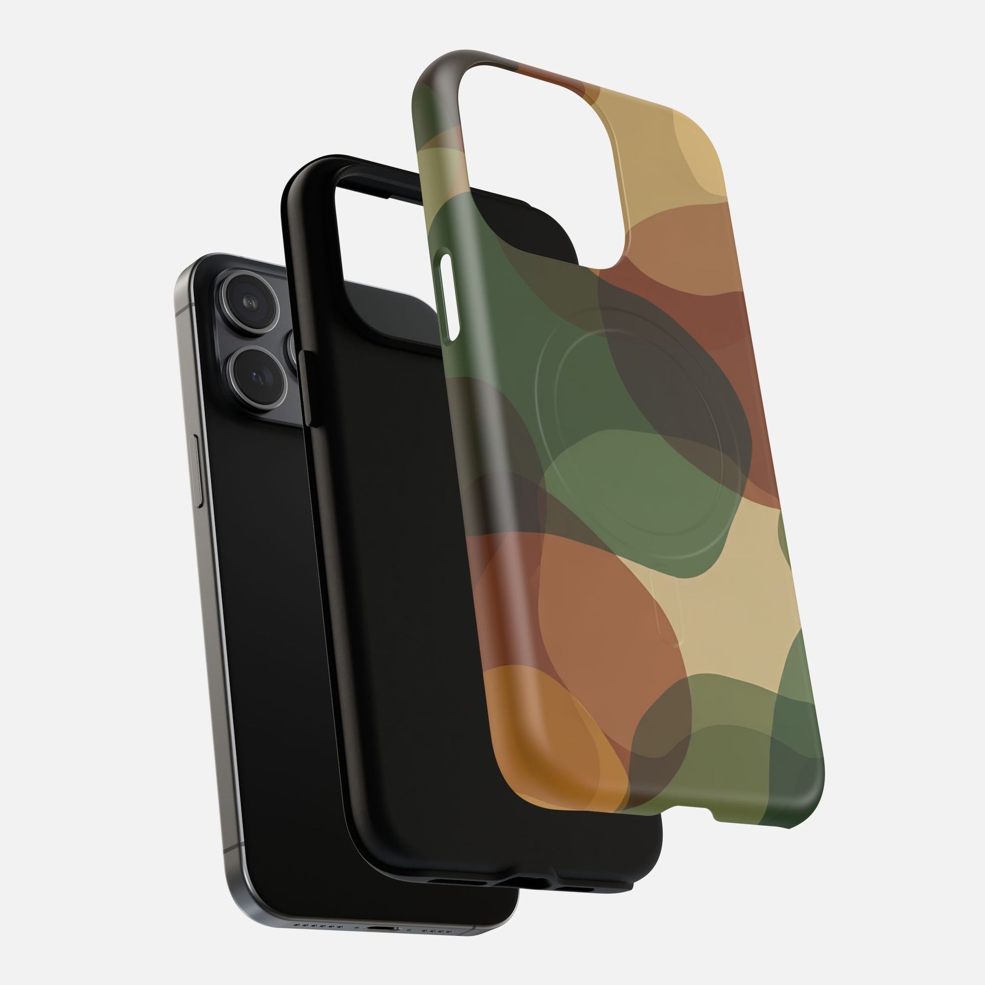 Camouflage phone case with green, brown, and tan pattern for iPhone, protective design
