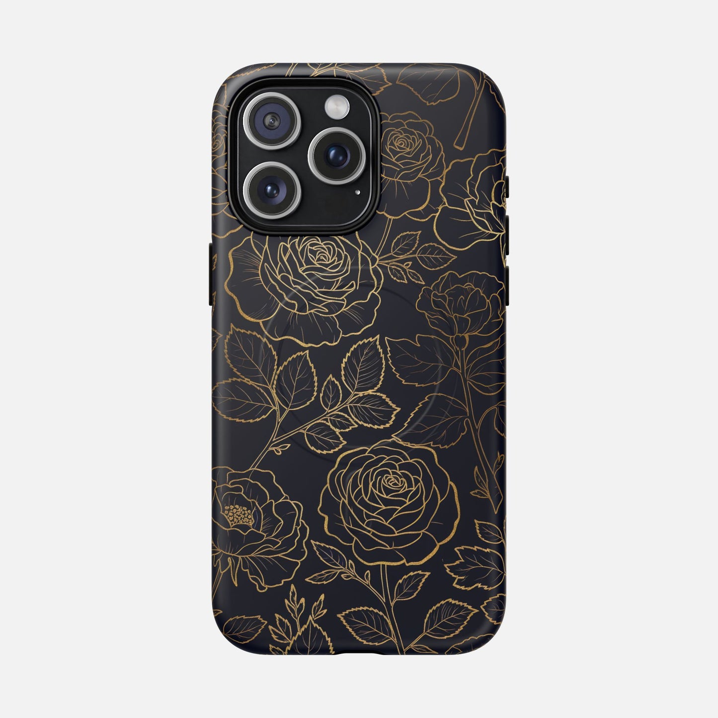 Floral Gold Outline Tough Magnetic Case — Elegant Black Rose Phone Cover iPhone 15 Pro Max Matte Phone Case
