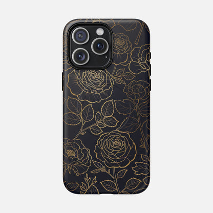 Floral Gold Outline Tough Magnetic Case — Elegant Black Rose Phone Cover iPhone 15 Pro Max Matte Phone Case