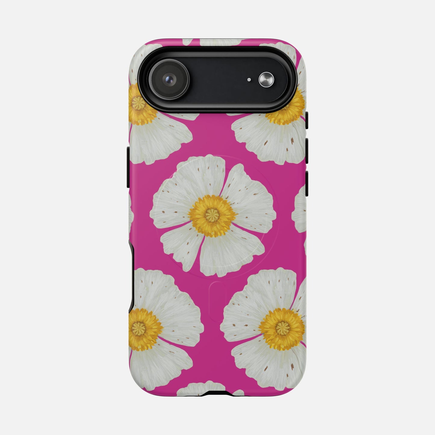 Vibrant pink phone case with white daisy flowers and yellow centers, stylish floral design for iPhone