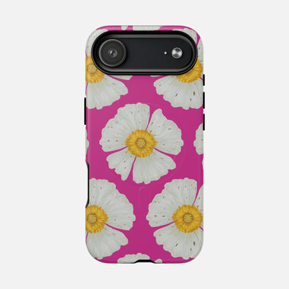 Vibrant pink phone case with white daisy flowers and yellow centers, stylish floral design for iPhone