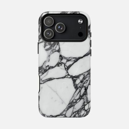 iPhone case with black and white marble pattern on a white background