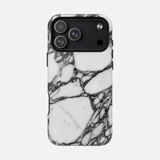 iPhone case with black and white marble pattern on a white background