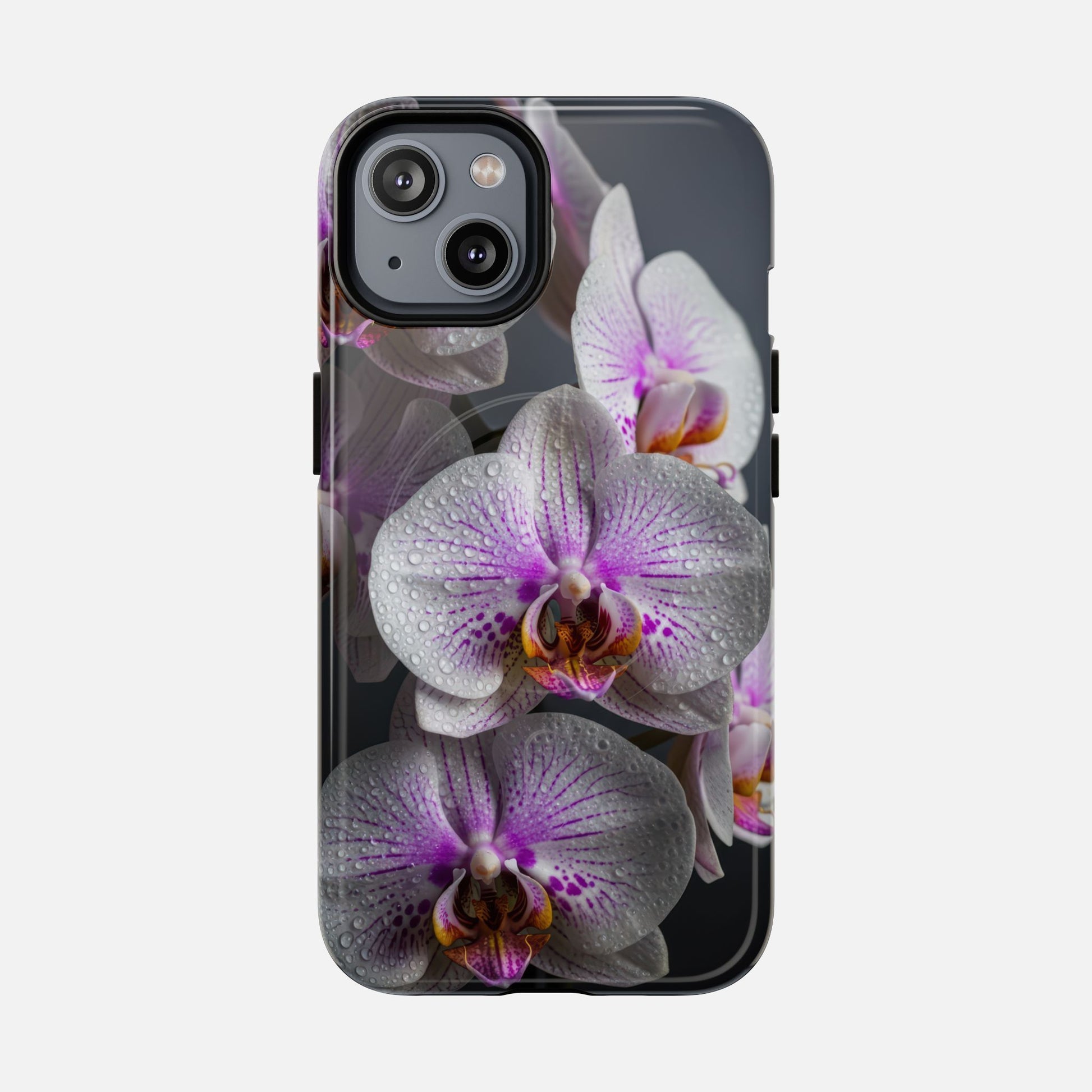 Orchid Bloom Tough Magnetic Phone Case — Waterdrop Floral Protection iPhone 14 Glossy Phone Case