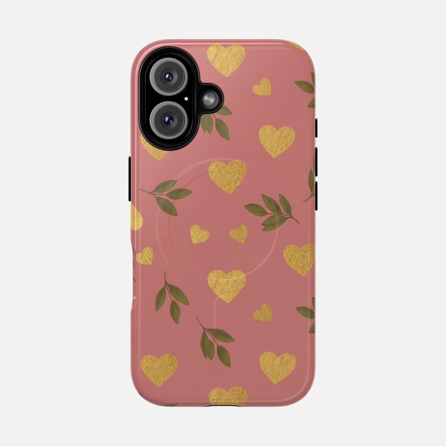 Pink phone case with gold hearts and green leaves, stylish protective cover for iPhone