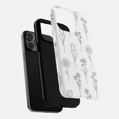 Floral Sketch Minimal Black Line Flower Design iPhone Case — Tough Magnetic | MagSafe Compatible