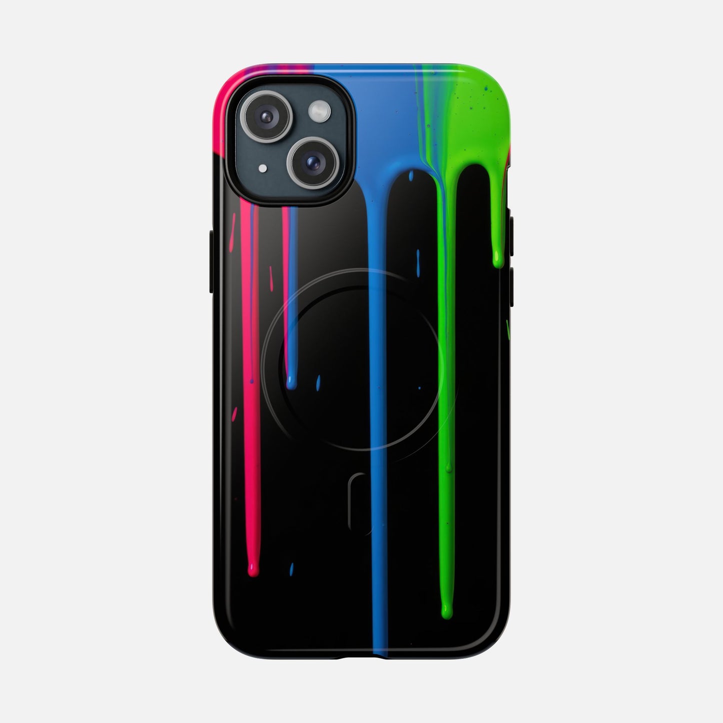 Neon Drip Tough Magnetic Case – Black Phone Cover with Bright Pink, Blue & Green Paint Drips iPhone 15 Plus Glossy Phone Case