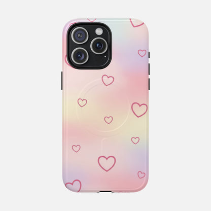 Pink gradient phone case with heart pattern and pop socket, compatible with iPhone Pro models