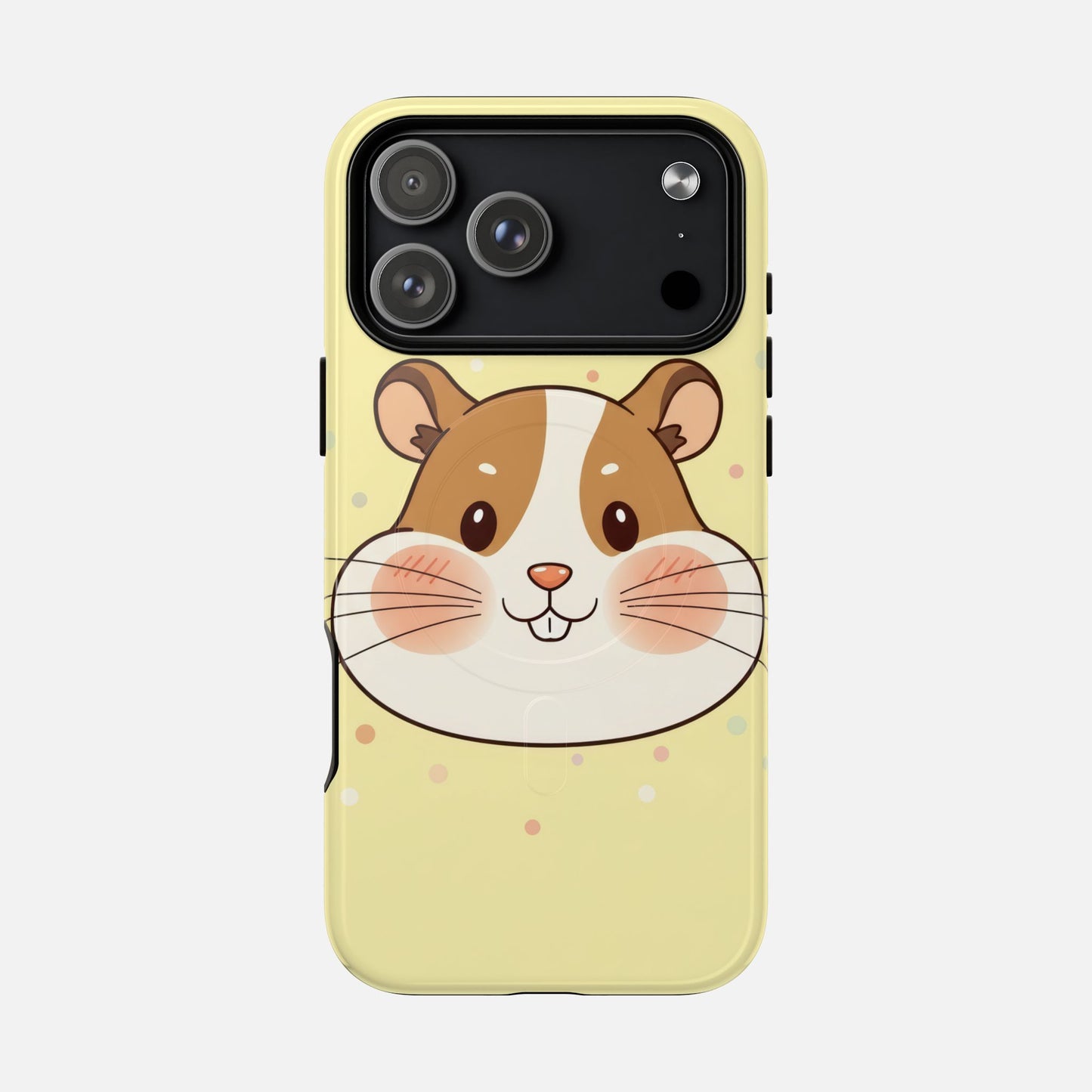 Cute hamster face phone case with pastel yellow background and polka dots, perfect for animal lovers
