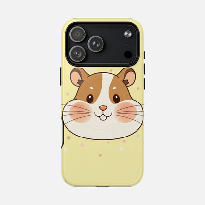 Cute hamster face phone case with pastel yellow background and polka dots, perfect for animal lovers