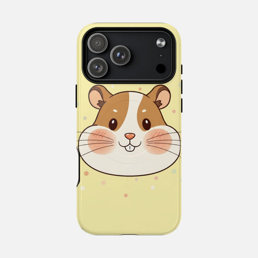 Cute cartoon hamster phone case with pastel yellow background and colorful confetti design