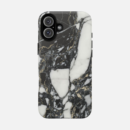 Black and white marble phone case with gold veining, modern design, iPhone camera cutout