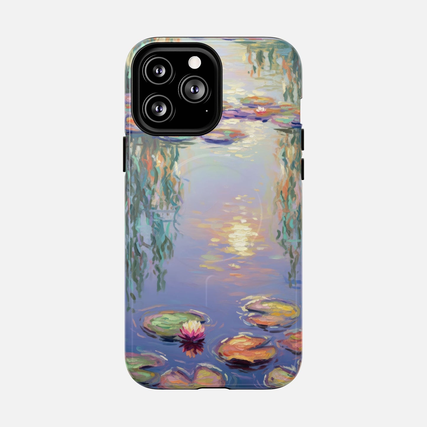 iPhone case with Monet-style water lily pond painting, artistic phone cover design