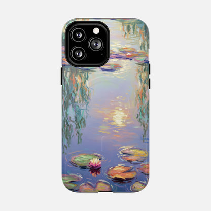 iPhone case with Monet-style water lily pond painting, artistic phone cover design