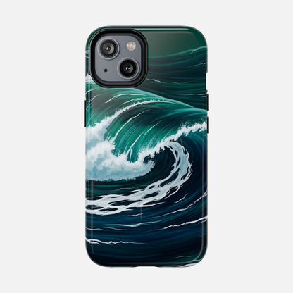 Ocean wave phone case with teal and navy design, protective cover for iPhone
