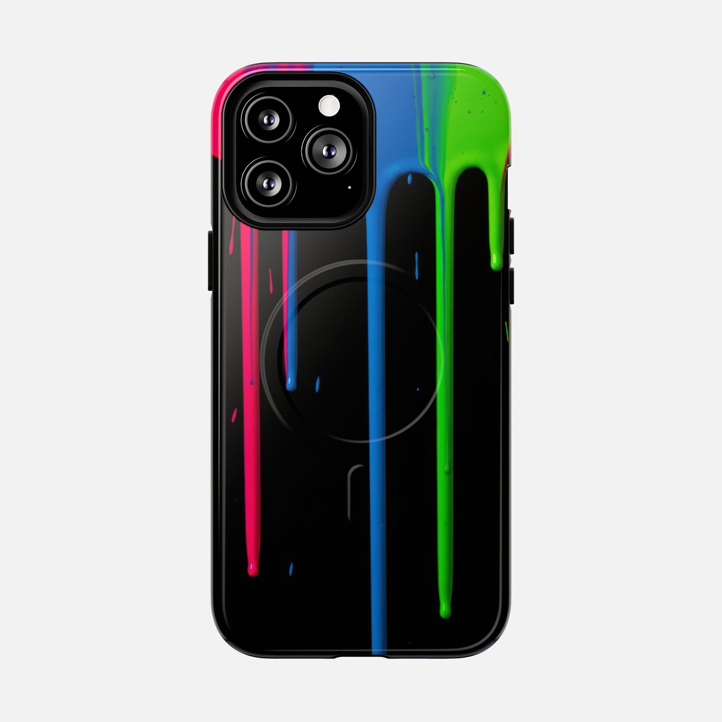 Neon Drip Tough Magnetic Case – Black Phone Cover with Bright Pink, Blue & Green Paint Drips iPhone 13 Pro Max Glossy Phone Case