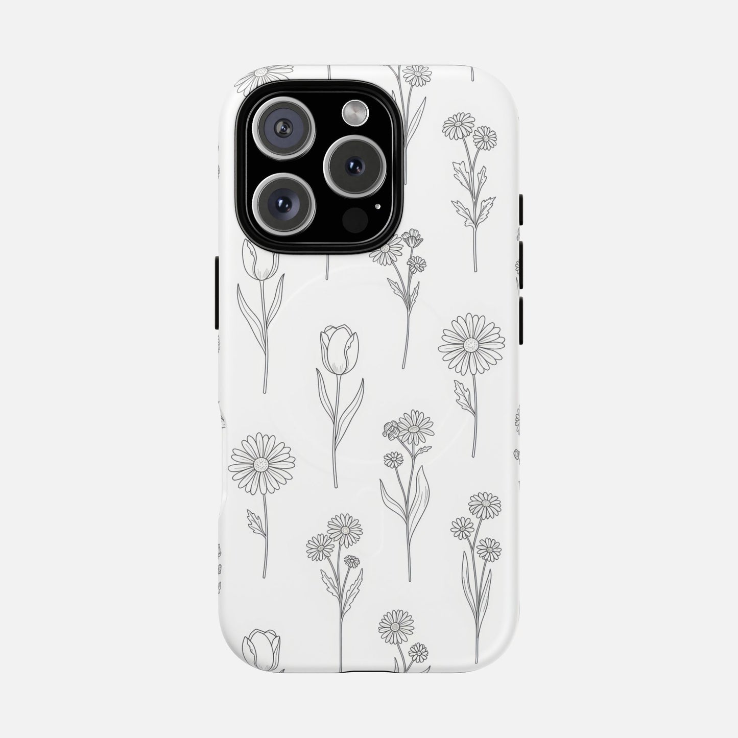 Floral Sketch Tough Magnetic Phone Case — Minimal Black Line Flower Design iPhone 16 Pro Matte Phone Case