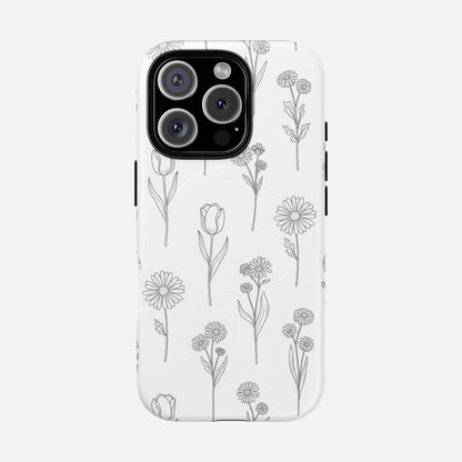 Floral Sketch Tough Magnetic Phone Case — Minimal Black Line Flower Design iPhone 16 Pro Matte Phone Case