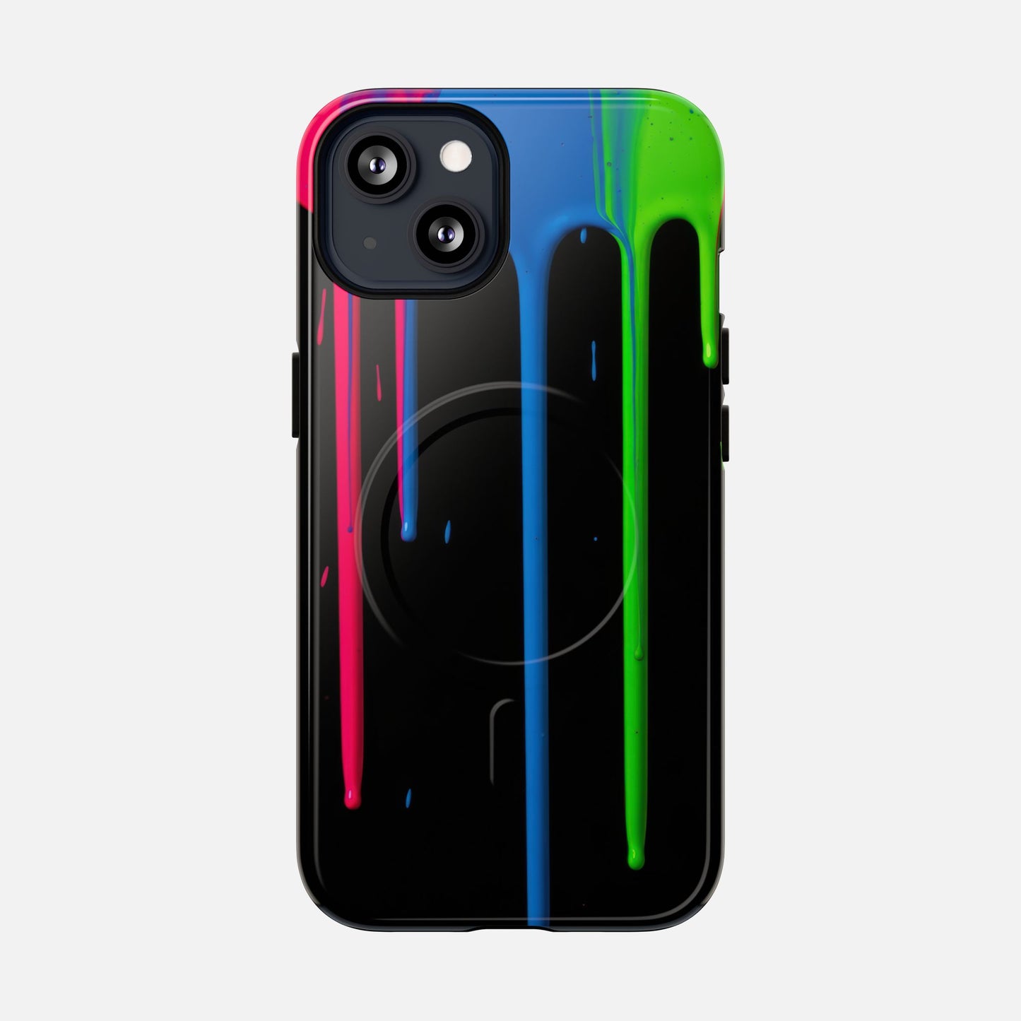Neon Drip Tough Magnetic Case – Black Phone Cover with Bright Pink, Blue & Green Paint Drips iPhone 13 Glossy Phone Case