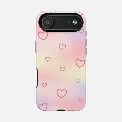Pink gradient phone case with heart pattern, modern design for iPhone protection