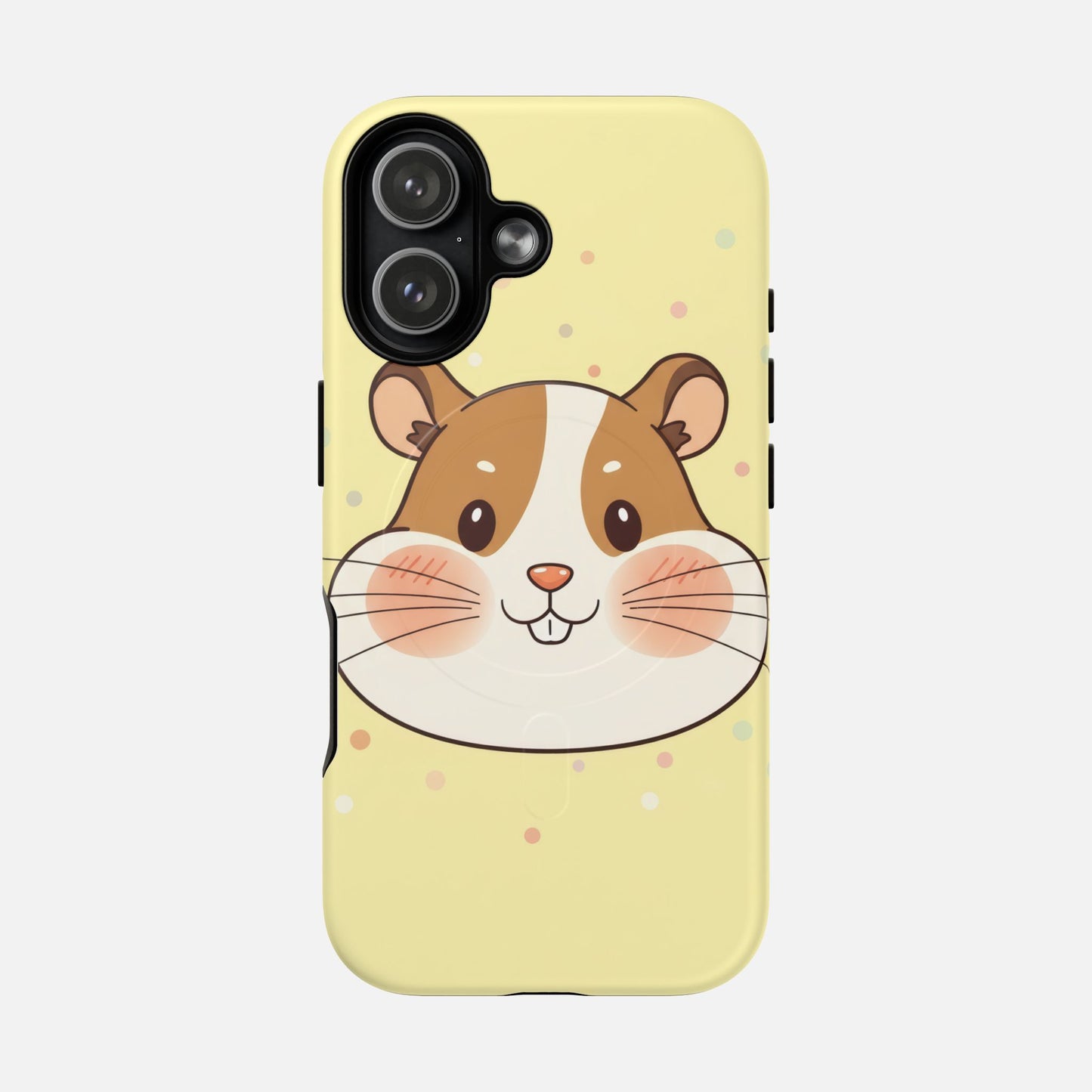 Cute hamster phone case with pastel yellow background and polka dots, perfect for animal lovers