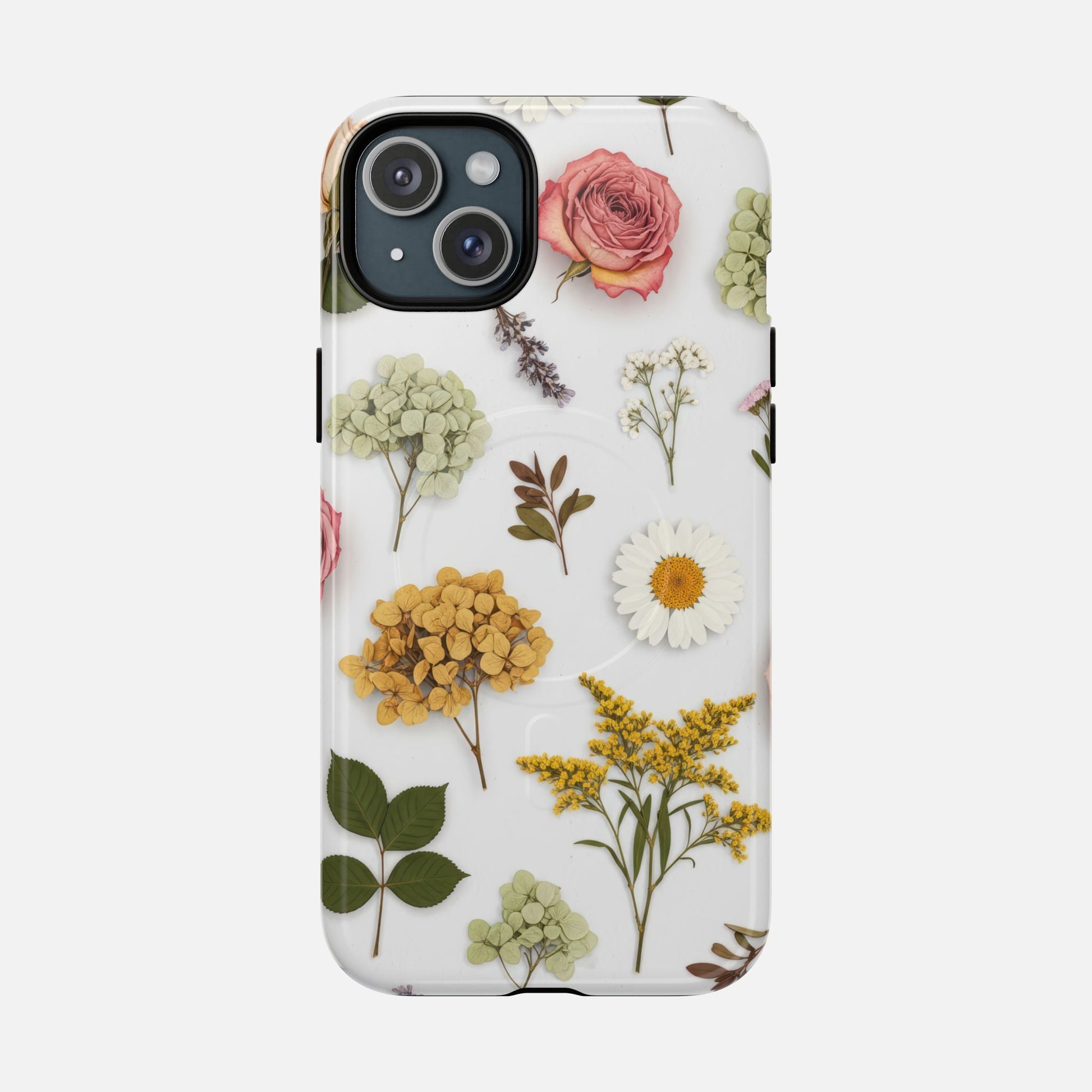 Floral Pressed Flower Tough Magnetic Phone Case — Botanical Dried Flowers Design iPhone 15 Plus Glossy Phone Case