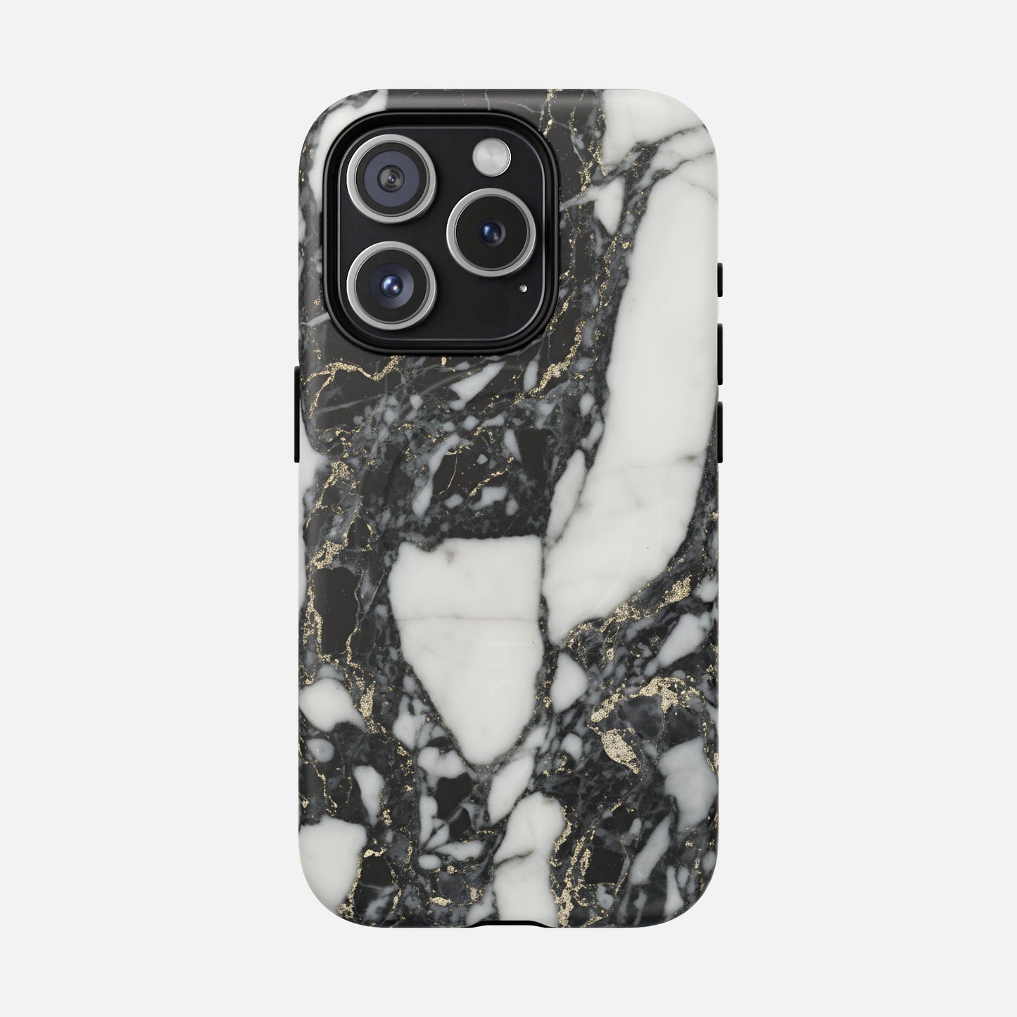 Black and white marble phone case with gold vein accents, modern protective design