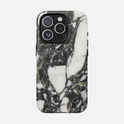 Black and white marble phone case with gold vein accents, modern protective design