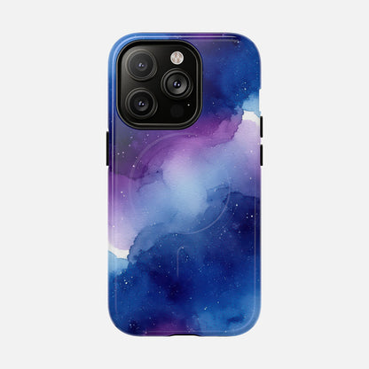 Galaxy Watercolor Tough Magnetic Phone Case — Blue Purple Nebula MagSafe Cover iPhone 14 Pro Glossy Phone Case