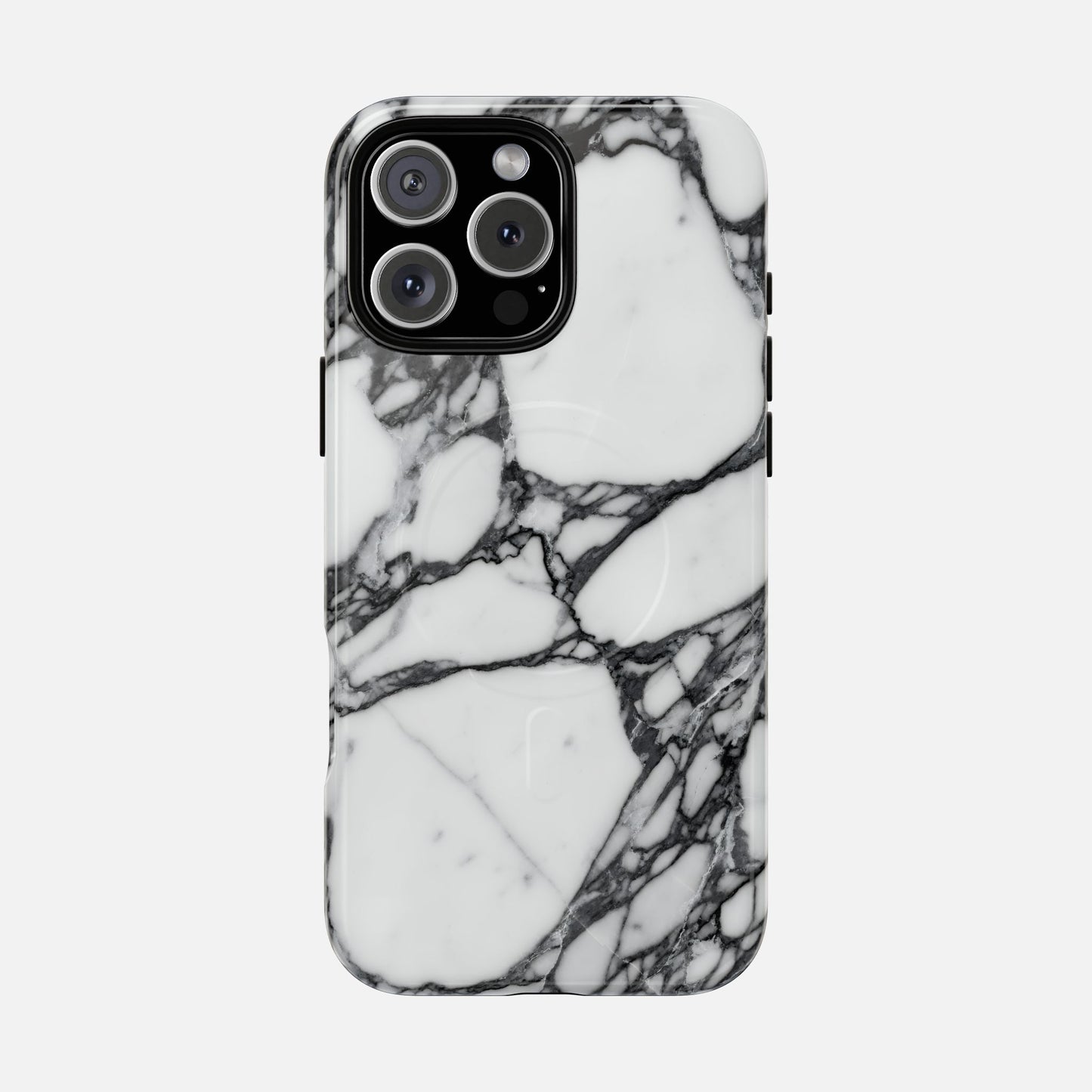 White and black marble pattern phone case with glossy finish, modern protective cover