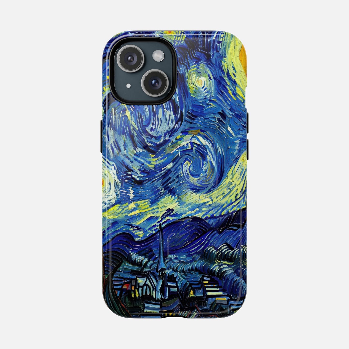 iPhone case with Van Gogh's Starry Night artwork, blue and yellow swirls, creative phone protection design