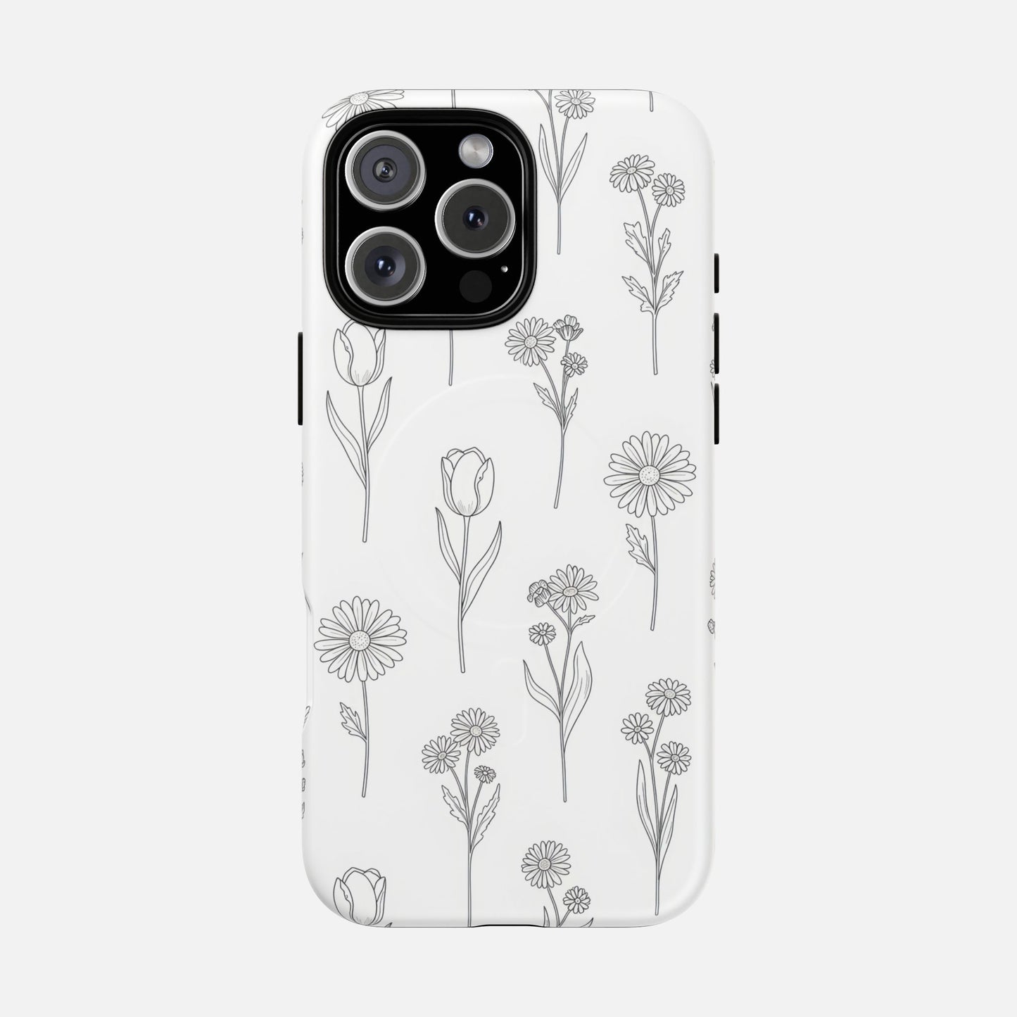 Floral Sketch Tough Magnetic Phone Case — Minimal Black Line Flower Design iPhone 16 Pro Max Matte Phone Case