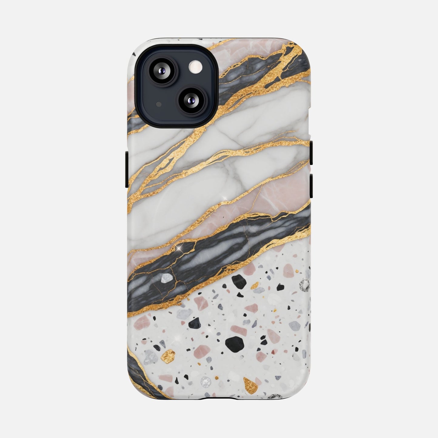 Elegant marble and terrazzo phone case with gold accents, modern design for iPhone protection