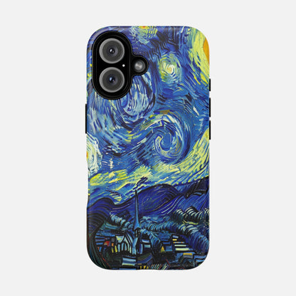 Van Gogh Starry Night phone case with swirling blue and yellow art design