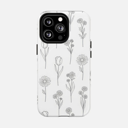 Floral Sketch Minimal Black Line Flower Design iPhone Case — Tough Magnetic | MagSafe Compatible