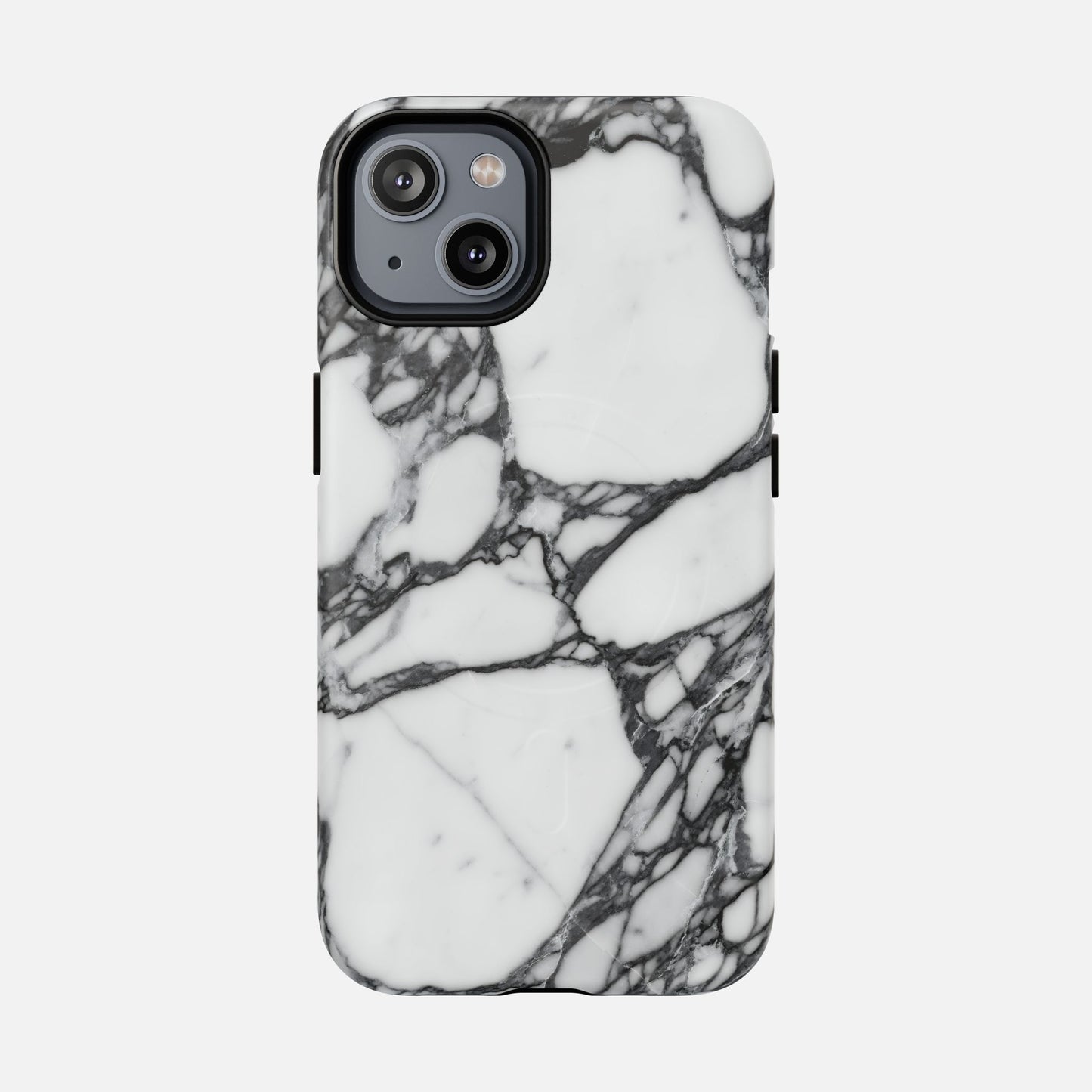 Black and white marble design phone case for iPhone on plain white background