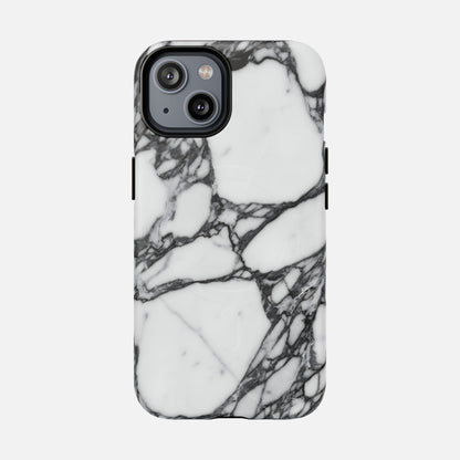 Black and white marble design phone case for iPhone on plain white background