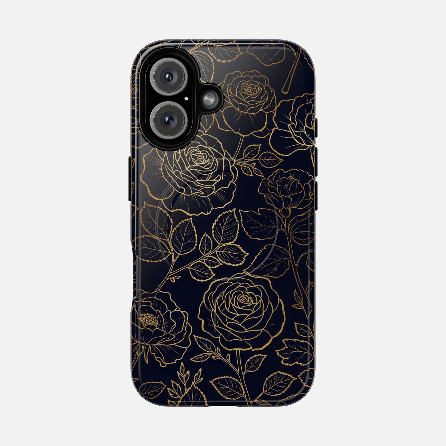 Floral Gold Outline Tough Magnetic Case — Elegant Black Rose Phone Cover iPhone 16 Glossy Phone Case