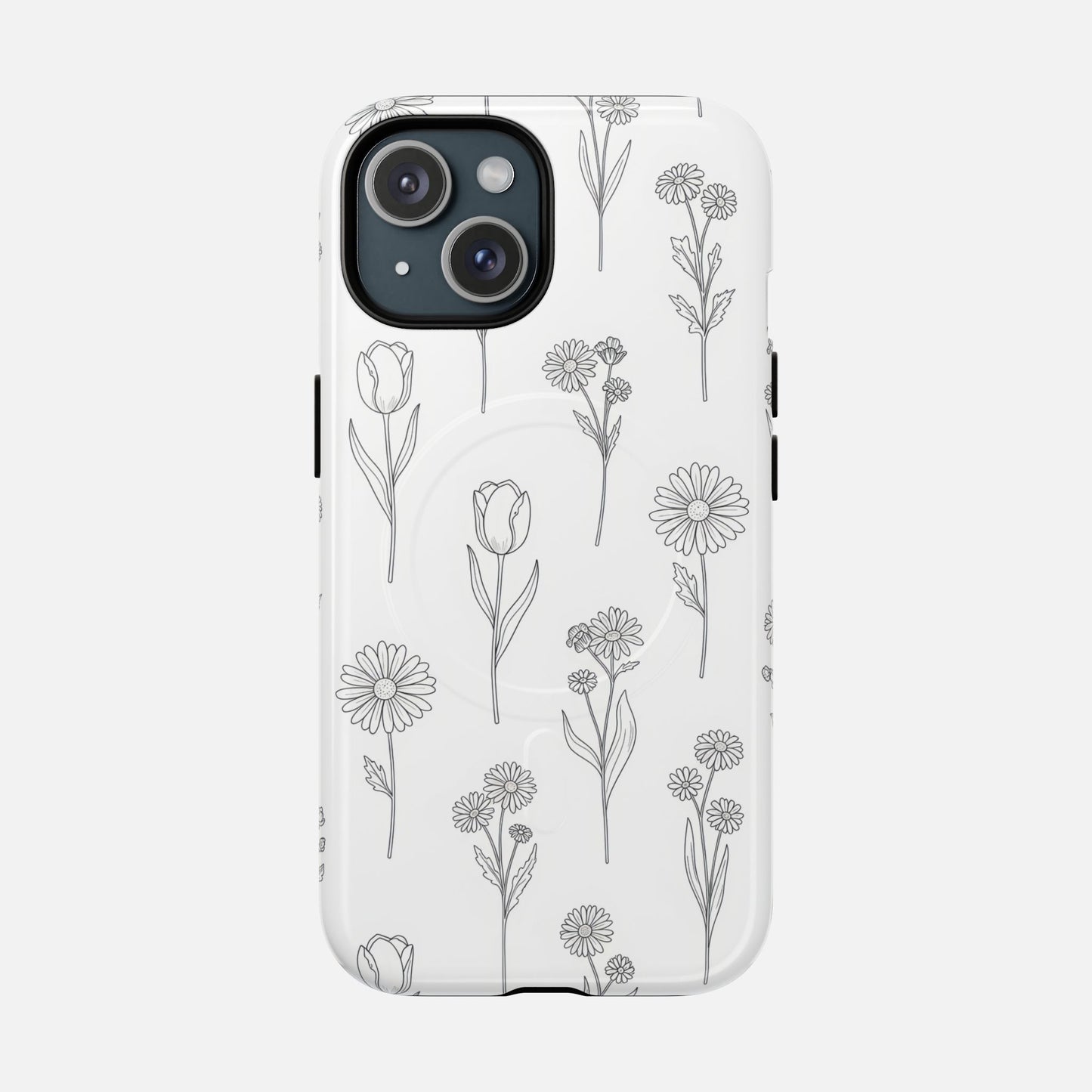 Floral Sketch Tough Magnetic Phone Case — Minimal Black Line Flower Design iPhone 15 Glossy Phone Case