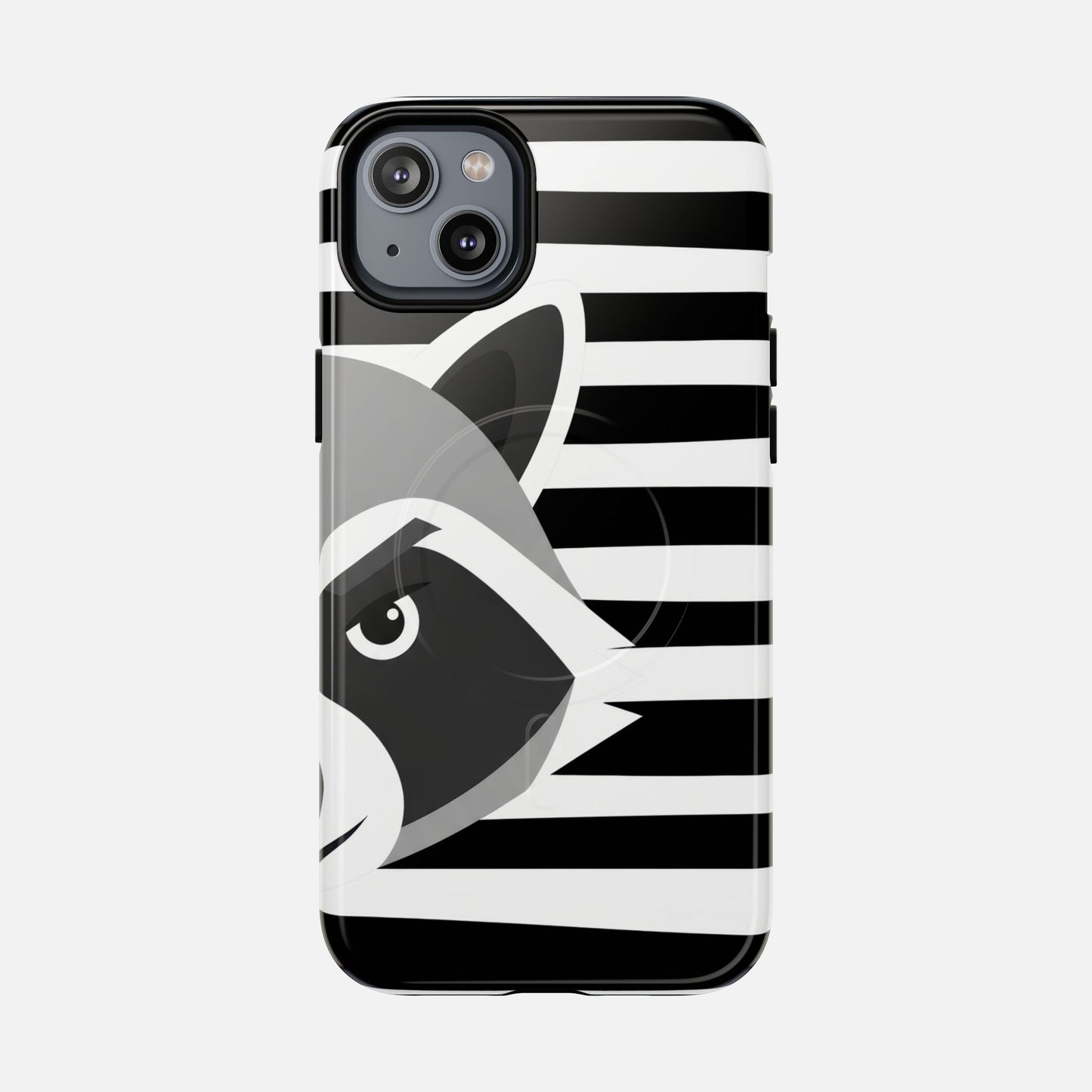 Raccoon Stripe Tough Magnetic Phone Case — Black & White Animal Design iPhone 14 Plus Glossy Phone Case