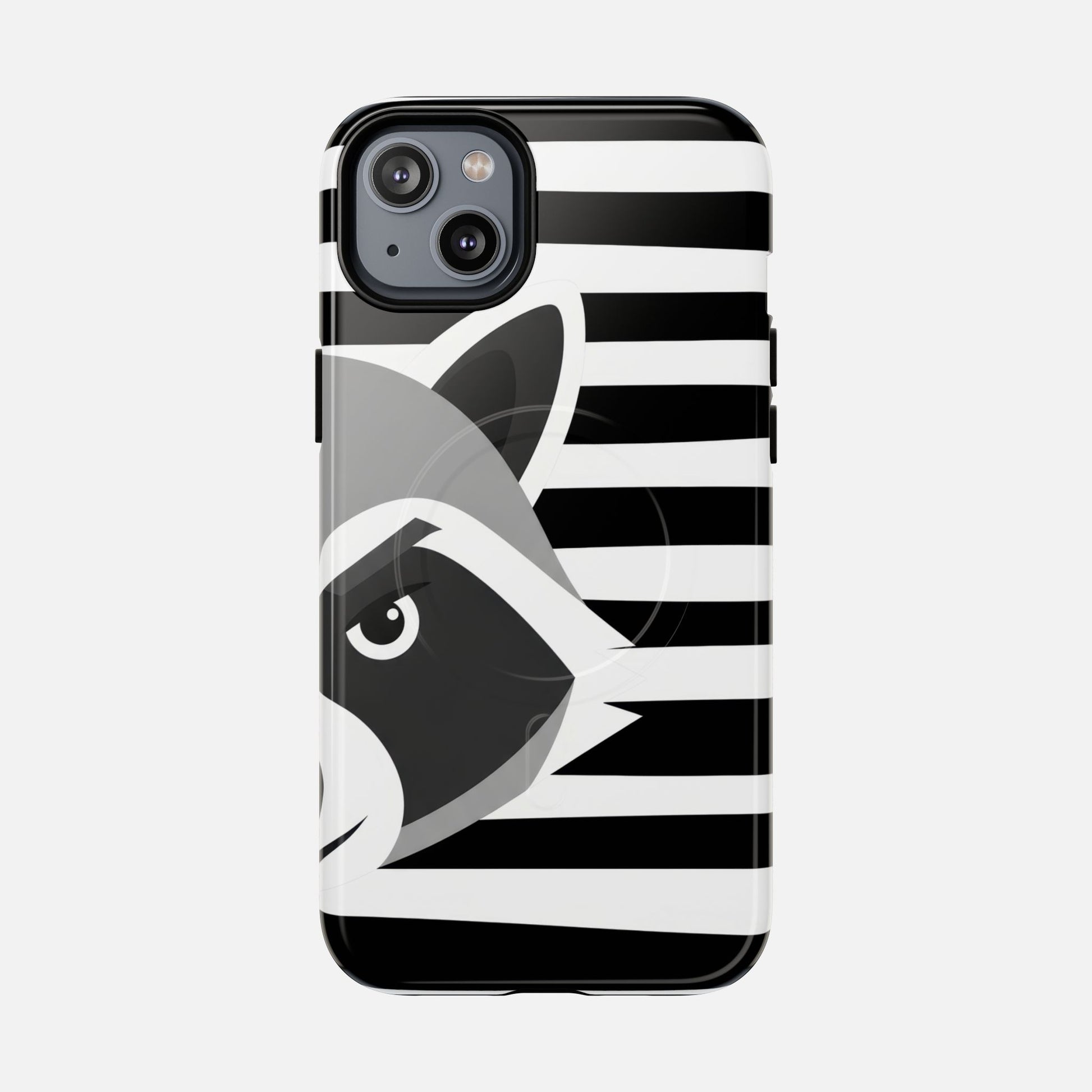 Raccoon Stripe Tough Magnetic Phone Case — Black & White Animal Design iPhone 14 Plus Glossy Phone Case