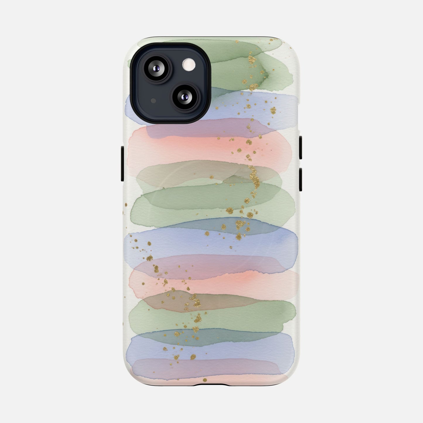 Pastel watercolor phone case with gold glitter, modern design for iPhone
